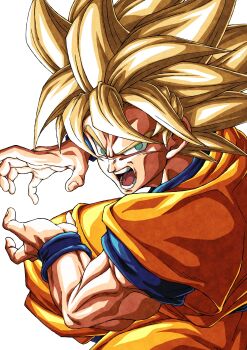 1boy absurdres blonde_hair cowboy_shot dragon_ball dragonball_z green_eyes highres kamehameha_(dragon_ball) male_focus medium_hair muma_maximum76 open_mouth orange_pants orange_shirt pants poke_ball shirt simple_background solo son_goku spiked_hair super_saiyan super_saiyan_1 ultra_ball white_background