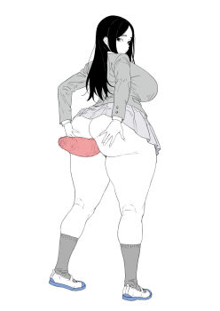 1girl anus ass breasts censored coat huge_ass huge_breasts long_hair no_panties nyogiku prolapse school_uniform shirt shoes skirt socks