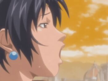 00s 1girl 2008 animated animated_gif arabian bible_black bible_black:_restored cloud cloudy_sky earrings hair_chain headpiece implied_sex jewelry open_mouth orange_sky short_hair sky sweat tagme