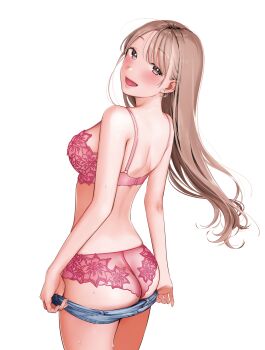 Rule 34 | 1girl, absurdres, ass, back, blush, bra, breasts, brown eyes, brown hair, clothes pull, cowboy shot, denim, denim shorts, earrings, fuyuno kamome, heart, heart earrings, highres, jewelry, lace, lace bra, lace panties, lingerie, long hair, looking back, open mouth, original, panties, pink bra, pink panties, short shorts, shorts, shorts pull, sideboob, smile, solo, straight hair, sweat, swept bangs, transparent background, underwear, undressing