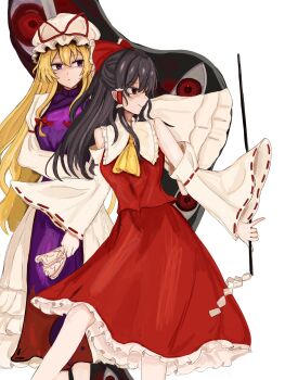 Rule 34 | 2girls, 83mkneinlsqmebq, absurdres, ascot, black hair, blonde hair, bow, closed mouth, commentary, contrast collar, detached sleeves, dress, frilled bow, frilled hairband, frilled shirt collar, frills, gap (touhou), gohei, hair between eyes, hair bow, hairband, hakurei reimu, hat, hat ribbon, highres, holding, holding gohei, holding ofuda, juliet sleeves, long hair, long sleeves, mob cap, multiple girls, ofuda, puffy sleeves, purple eyes, purple tabard, red bow, red eyes, red ribbon, red shirt, red skirt, ribbon, ribbon-trimmed sleeves, ribbon trim, shirt, skirt, sleeve garter, smile, standing, tabard, touhou, very long hair, white background, white dress, white hat, white sleeves, yakumo yukari, yellow ascot