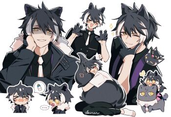 >_< ... 1boy :d ;3 =_= animal animal_ears animal_on_shoulder arm_up baby_bottle black_cat black_coat black_gloves black_hair black_pants black_shirt black_vest blush bottle buttons cat chibi chibi_inset claireiosity claw_pose closed_mouth coat commentary crying double-breasted ears_down english_commentary evil_grin evil_smile flower_symbol full_body fur-trimmed_coat fur_trim gloves grey_cat grin hair_between_eyes half_gloves head_rest highres holostars hugging_own_tail hugging_tail jackal_boy jackal_ears jackal_tail kageyama_shien kageyama_shien_(1st_costume) koyama_(kageyama_shien) l_hand long_sleeves looking_at_viewer male_focus multicolored_hair multiple_views nakayama_(kageyama_shien) necktie nekoyama_shien one_eye_closed open_clothes open_coat open_mouth outline pacifier pants pointing riding shaded_face shirt short_hair simple_background sitting sleeves_rolled_up slit_pupils smile socks sparkle spoken_ellipsis spoken_food stole t-shirt tail two-tone_hair vest virtual_youtuber wariza white_background white_hair white_necktie white_outline white_shirt white_socks yellow_eyes