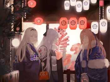 Rule 34 | 3girls, ^ ^, ak-12 (girls' frontline), an-94 (girls' frontline), black kimono, blue eyes, closed eyes, fur-trimmed kimono, fur trim, girls' frontline, hand fan, holding, holding fan, japanese clothes, kimono, lantern, multiple girls, night, obi, paper lantern, print kimono, purple kimono, sash, smile, springfield (girls' frontline), zheshe jing