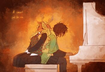 1girl 1other animal_ears antlers back-to-back blonde_hair brown_hair checkered_clothes closed_eyes crescentbutton deer_antlers deer_ears deer_girl deltarune english_text furry furry_female hashtag-only_commentary highres hood hoodie horns instrument kris_(deltarune) long_hair music noelle_holiday orange_theme piano playing_instrument playing_piano skirt striped_clothes striped_hoodie utdr_(toby_fox)