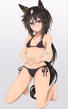 1girl animal_ears bare_legs bare_shoulders barefoot bikini black_bikini black_hair breasts breasts_apart commentary_request four-finger_heart_hands full_body grey_background hair_between_eyes heart heart_hands horse_ears horse_girl long_hair m172/minatsu navel simple_background small_breasts solo stay_gold_(umamusume) stomach swimsuit tail thighs umamusume very_long_hair