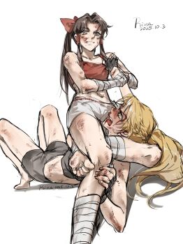 2girls absurdres aihara-rina artist_name bandaged_arm bandaged_leg bandages barefoot black_gloves black_shirt black_shorts blonde_hair blood bow brown_eyes brown_hair chinese_commentary commentary_request crop_top dated fighting fingerless_gloves gloves hair_bow hair_tubes hakurei_reimu highres injury kirisame_marisa long_hair midriff multiple_girls navel nosebleed open_mouth pinned ponytail red_bow red_shirt scratches shadow shirt shorts simple_background sleeveless sleeveless_shirt toes touhou white_background white_shorts wrestling wrestling_outfit yellow_eyes