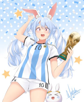 1girl 2022_fifa_world_cup absurdres animal_ears argentina argentinian_flag argentinian_flag_print blue_hair braid breasts cosplay fifa_world_cup_trophy flag_print highres hikimayu hololive lionel_messi lionel_messi_(cosplay) long_hair looking_at_viewer natch_imaycz orange_eyes pekomon_(usada_pekora) rabbit-shaped_pupils rabbit_ears rabbit_girl shirt short_eyebrows sidelocks simple_background small_breasts smile sportswear striped_clothes striped_shirt swept_bangs symbol-shaped_pupils thick_eyebrows twin_braids twintails usada_pekora vertical-striped_clothes vertical-striped_shirt virtual_youtuber world_cup