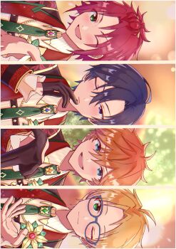 Rule 34 | 4boys, akehoshi subaru, bangs pinned back, black gloves, blonde hair, blowing kiss, blue-framed eyewear, blue eyes, blue hair, closed mouth, commentary, ensemble stars!, glasses, gloves, green eyes, green necktie, hair between eyes, hidaka hokuto, highres, isara mao, looking at viewer, male focus, motoyarune (ntha 3), multiple boys, necktie, official alternate costume, one eye closed, open mouth, orange hair, outstretched hand, red hair, short hair, sideways, smile, symbol-only commentary, trickstar (ensemble stars!), upper body, yuuki makoto (ensemble stars!)