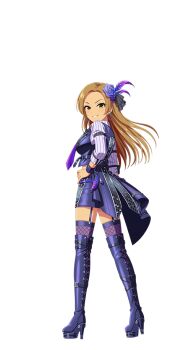 1girl arm_belt boots brown_eyes brown_hair buttons dark-skinned_female dark_skin earrings fishnet_thighhighs fishnets forehead full_body garter_straps hair_ornament hand_on_own_hip high_heel_boots high_heels idol_clothes idolmaster idolmaster_cinderella_girls idolmaster_cinderella_girls_starlight_stage jewelry looking_to_the_side matsunaga_ryo official_art smile solo thigh_boots thighhighs transparent_background