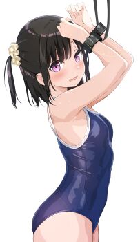 1girl absurdres arms_up bare_arms bare_shoulders blue_one-piece_swimsuit blush bound bound_wrists breasts brown_hair cowboy_shot cuffs from_side hair_ornament hair_scrunchie highres loli looking_at_viewer looking_to_the_side medium_hair miyuki_(yxbt7) one-piece_swimsuit one_side_up original pink_eyes restrained school_swimsuit scrunchie shiny_clothes shiny_skin shizuku_(kantoku) simple_background small_breasts solo swimsuit variant_set white_background yellow_scrunchie