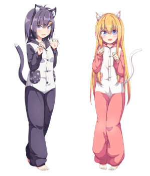 2girls alternate_costume animal_ears barefoot blonde_hair blue_eyes blush buttons cat_ears cat_girl cat_tail fake_animal_ears full_body gabriel_dropout gabriel_tenma_white hair_ornament happy highres long_hair looking_at_viewer multiple_girls official_alternate_costume official_art open_mouth pajamas purple_eyes purple_hair simple_background standing tail ukami vignette_tsukinose_april white_background