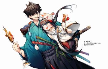 1boy 1other ahoge black_hair black_hakama blue_eyes braid braided_ponytail cowboy_shot fate/samurai_remnant fate_(series) food full_body goshiko86g gradient_hair green_kimono grin hair_intakes hair_over_one_eye hair_tie hakama holding holding_food japanese_clothes katana kimono leaning_on_person long_sleeves mask mask_on_head medium_hair miyamoto_iori_(fate) multicolored_hair parted_lips scabbard sheath short_hair sidelocks smile sweatdrop sword tassel teeth unworn_mask upper_teeth_only weapon white_hair wide_sleeves yamato_takeru_(fate)