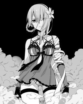 1girl asymmetrical_hair bandaged_arm bandaged_leg bandages braid braided_hair_rings chainsword closed_mouth commentary_request cowboy_shot dual_wielding eyes_visible_through_hair flower frown greyscale hair_flower hair_ornament hair_over_one_eye hair_rings highres holding holding_sword holding_weapon kaine_(nier) lingerie long_hair looking_at_viewer monochrome negligee nier nier_(series) panties single_hair_ring solo standing sword tamakingx422x underwear weapon