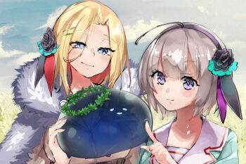 2girls ahoge artist_request black_flower black_rose blonde_hair blue_eyes cape day eyes_visible_through_hair flower fur-trimmed_cape fur_cape fur_trim grass grey_hair hair_flower hair_ornament hairband hairclip heaven_burns_red looking_at_viewer minase_ichigo minase_sumomo multiple_girls narby_(heaven_burns_red) outdoors pointing purple_eyes rose short_hair sky slime_(creature) smile upper_body