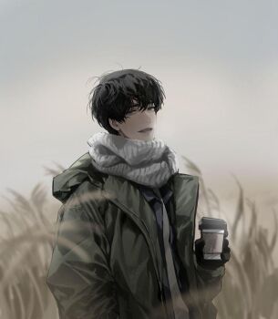 1boy black_eyes black_hair black_jacket black_shirt blackbox_(blackbox9158) breath coat collared_shirt cup disposable_cup field head_tilt holding holding_cup hood hood_down jacket kim_dokja looking_at_viewer male_focus necktie non-web_source omniscient_reader&#039;s_viewpoint outdoors parted_lips scarf shirt short_hair smile solo standing variant_set wheat white_necktie white_scarf winter_clothes winter_coat