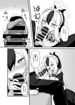 1girl absurdres alternate_costume apron bar_censor black_dress black_hair blue_archive bow bowtie censored choker comiket_102 commentary_request dress earrings enmaided fellatio frilled_apron frills greyscale halo hetero highres jewelry kayoko_(blue_archive) licking licking_penis maid maid_apron maid_headdress monochrome multicolored_hair open_mouth oral penis ponytail short_sleeves solo thighhighs tongue tongue_out tsuyu_hitaki two-tone_hair white_apron white_hair white_thighhighs