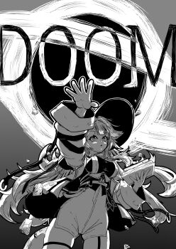 1girl absurdres black_hole book breasts english_text eyelashes fettuccinebro greyscale hashtag-only_commentary high-waist_shorts highres holding holding_book hololive hololive_english jacket long_hair long_sleeves mage_arena monochrome open_clothes open_jacket open_mouth outstretched_arm raora_panthera shirt shorts solo virtual_youtuber