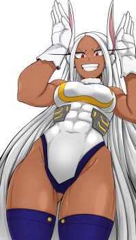 1girl :d animal_ears bare_shoulders blue_thighhighs boku_no_hero_academia breasts colorized commentary covered_abs covered_navel crescent_print dark-skinned_female dark_skin english_commentary fur_collar gloves gluteal_fold grin hands_up heattech_leotard highleg highleg_leotard highres large_breasts leotard long_eyelashes long_hair looking_at_viewer mirko mirkosimps open_mouth parted_bangs rabbit_ears rabbit_girl rabbit_pose red_eyes sleeveless sleeveless_turtleneck smallsoud smile solo taut_leotard thick_thighs thighhighs thighs third-party_edit toned toned_female turtleneck very_long_hair white_gloves white_hair white_leotard