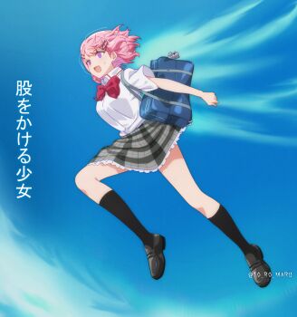 1girl amaori_renako animal_charm ashigaya_high_school_uniform bag black_socks blue_sky bow bowtie charm_(object) collared_shirt commentary_request full_body hair_ornament hairclip loafers multiple_girls open_mouth parallel_hairclips parody pink_hair purple_eyes red_bow school_bag school_uniform shirt shoes short_hair shoulder_bag skirt sky socks solo sweat to_ro_maru toki_wo_kakeru_shoujo watashi_ga_koibito_ni_nareru_wake_naijan_murimuri! white_shirt x_hair_ornament