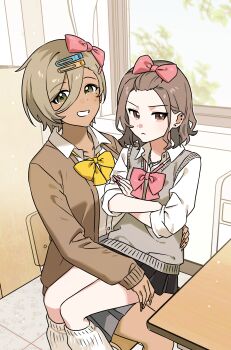 2girls absurdres black_skirt blazer blush bow bowtie brown_hair brown_jacket chair classroom closed_mouth collared_shirt commentary_request crossed_arms dark-skinned_female dark_skin desk ear_piercing ebizuka_tomo fingernails girls_band_cry green_eyes grey_sweater_vest grin gyaru habsida_(habsida_hpy) hair_bow hair_ornament hairclip highres jacket long_fingernails looking_at_viewer loose_socks medium_hair mole mole_under_eye multiple_girls open_mouth piercing pink_bow pink_bowtie pink_eyes pleated_skirt rupa_(girls_band_cry) school_chair school_desk school_uniform shirt short_hair sitting sitting_on_lap sitting_on_person skirt smile socks sweater_vest white_shirt white_socks yellow_bow yellow_bowtie yuri