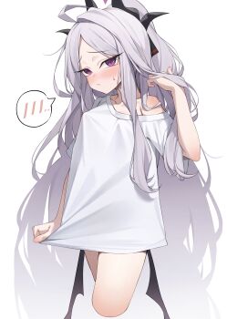1girl absurdres ahoge alternate_costume black_horns blue_archive closed_mouth commentary_request grey_hair highres hina_(blue_archive) horns long_hair looking_at_viewer naked_shirt purple_eyes shirt simple_background solo spoken_blush um_111 white_background white_shirt wings