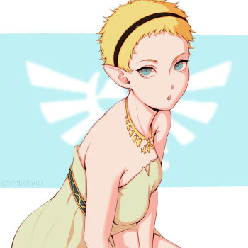 1girl :o alternate_hair_length alternate_hairstyle artist_name bare_shoulders blonde_hair blue_eyes dress eyelashes hairband highres jewelry nintendo open_mouth pixie_cut pointy_ears princess_zelda shiraishiku short_hair solo the_legend_of_zelda the_legend_of_zelda:_breath_of_the_wild very_short_hair