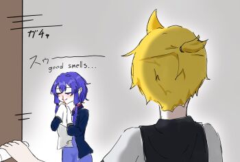 Rule 34 | 1boy, 1girl, blood, female pervert, highres, kagamine len, nosebleed, odaibako, pervert, smelling, smelling clothes, yuzuki yukari