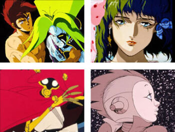 1980s_(style) android cape green_hair kogawa_tomonori long_hair looking_back lowres mao_lambdo oldschool oomori_hidetoshi retro_artstyle robot robot_carnival umetsu_yasuomi