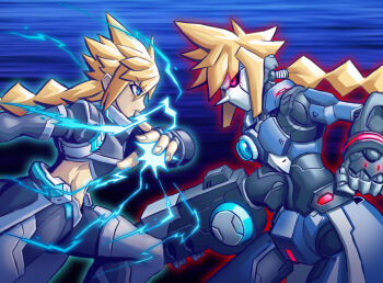 2boys arm_cannon azure_striker_gunvolt black_sclera blonde_hair blue_background blue_coat blue_pants braid braided_ponytail chest_jewel coat colored_sclera cowboy_shot electricity gunvolt highres humanoid_robot long_hair male_focus multiple_boys pants red_eyes robot tennasi19 weapon