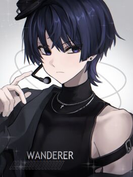 1boy alternate_costume arm_belt armpit_crease belt belt_buckle bishie_sparkle black_belt black_hat blunt_ends buckle chain chain_necklace character_name closed_mouth contemporary cross cross_necklace empty_eyes expressionless genshin_impact grey_jacket hand_up hat headset highres idol jacket jewelry lapels looking_at_viewer male_focus necklace pectorals portrait purple_eyes purple_hair scaramouche_(genshin_impact) shirt silver_necklace single_off_shoulder solo talking_ok toned toned_male turtleneck turtleneck_shirt undershirt wanderer_(genshin_impact) white_background wispy_bangs