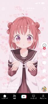 1girl absurdres ahoge akaza_akari black_sailor_collar blush collarbone double_bun dress fake_phone_screenshot fake_screenshot hair_bun heart heart_background highres kawaikute_gomen_(honeyworks) layered_sleeves long_sleeves looking_at_viewer mearian namori_(character) nanamori_school_uniform open_hands parted_lips pink_background pleated_dress purple_eyes red_dress red_hair sailor_collar school_uniform shirt short_over_long_sleeves short_sleeves solo tiktok upper_body white_shirt yuruyuri
