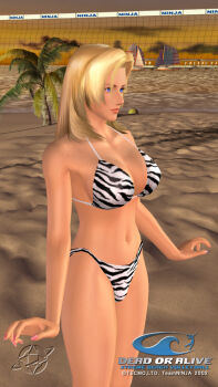 1girl 3d animal_print artist_request ball beach bikini blonde_hair blue_eyes boat breasts cleavage copyright_name cowboy_shot dead_or_alive female_focus game_screenshot large_breasts nature official_art outdoors palm_tree sailboat sky solo swimsuit tecmo tina_armstrong tree volleyball_(object) volleyball_net watercraft zebra_print