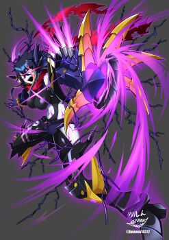 Rule 34 | + +, 1girl, absurdres, armored boots, aura, black background, black leotard, blonde hair, blue hair, boots, breasts, clawed gauntlets, clothing cutout, colored skin, commentary request, dark aura, deadzone (duel masters), duel masters, duel masters play's, electricity, fangs, glowing, glowing eyes, hair ornament, heaven10317, highres, large breasts, leg tattoo, leotard, multicolored hair, navel, navel cutout, open mouth, pink eyes, red scarf, scarf, signature, solo, stomach tattoo, tattoo, teeth, thrusters, torn clothes, torn scarf, twitter username, upper teeth only, white skin