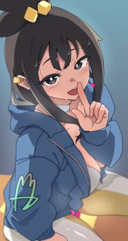 1girl :d black_hair blue_hoodie blurry breasts bright_pupils choker commentary_request depth_of_field earclip gen_1_pokemon grey_eyes hand_up hood hood_down hoodie imo_(himomosweet) index_finger_raised leggings lida_(pokemon) long_hair long_sleeves nintendo open_mouth pokemon pokemon_(creature) pokemon_legends:_z-a shirt smile solo staryu teeth upper_teeth_only white_choker white_pupils