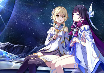 2girls 310setsu absurdres bare_shoulders black_hair blonde_hair boots breasts brown_boots columbina_(genshin_impact) commentary_request detached_sleeves dress feet_out_of_frame flower genshin_impact hair_flower hair_ornament highres long_hair long_sleeves looking_at_another lumine_(as_heaven_and_earth_are_made_anew)_(genshin_impact) lumine_(genshin_impact) medium_breasts multicolored_hair multiple_girls no_mask official_alternate_costume open_mouth own_hands_together partial_commentary planet purple_eyes purple_hair scene_reference short_hair_with_long_locks side-by-side sitting sky spacecraft star_(sky) starry_sky thigh_boots unusually_open_eyes very_long_hair white_dress wing_hair_ornament yellow_eyes