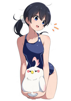1girl bird black_hair blue_eyes blue_one-piece_swimsuit breasts commentary_request cropped_legs dera_mochimazzui highres kitashirakawa_tamako leaning_forward leaning_to_the_side long_hair low_ponytail mole mole_on_neck nishizuki_shino one-piece_swimsuit ponytail simple_background small_breasts swimsuit tamako_market white_background
