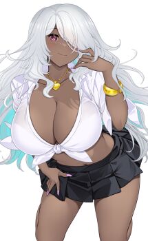 1girl black_skirt breasts cleavage colored_inner_hair commentary_request dark-skinned_female dark_skin fingernails gyaru hair_over_one_eye hataraki_kuma highres jewelry large_breasts long_fingernails long_hair looking_at_viewer miniskirt multicolored_hair necklace original pink_nails pleated_skirt purple_eyes shirt skirt smile solo tied_shirt white_hair white_shirt
