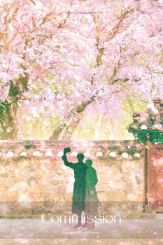 Rule 34 | 2boys, bellta (kimbellta), brick wall, cherry blossoms, cherry tree, commentary request, day, faceless, falling petals, full body, grass, hand in pocket, hand on another's back, hand up, highres, kim dokja, korean commentary, male focus, multiple boys, omniscient reader's viewpoint, outdoors, petals, scenery, sidewalk, silhouette, standing, taking picture, yoo joonghyuk
