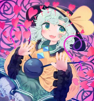 1girl absurdres black_hat bloomers blush buttons collared_shirt commentary_request diamond_button eyeball fangs floral_print frilled_shirt_collar frilled_sleeves frills green_eyes green_hair green_skirt hat hat_ribbon heart heart_in_eye heart_of_string highres koishi_day komeiji_koishi long_sleeves looking_at_viewer open_mouth print_skirt ribbon rose_print shirt skirt smile solo symbol_in_eye third_eye toroid_(621997) touhou underwear white_bloomers wide_sleeves yellow_ribbon yellow_shirt