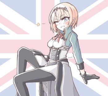 1girl black_gloves blonde_hair blue_eyes blue_shirt bow breasts commentary_request cropped_jacket feet_out_of_frame flag_background flower gloves highres invisible_chair kantai_collection medium_breasts military_uniform official_alternate_hair_length official_alternate_hairstyle one_eye_closed overskirt red_bow red_flower red_rose rose shirt short_hair sitting solo tatahai tiara union_jack victorious_(kancolle)