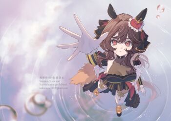 Rule 34 | 1girl, animal ears, arm up, asymmetrical footwear, bare shoulders, black dress, braid, braided hair rings, breasts, brown hair, bubble, cleavage, commentary request, corset, detached sleeves, dress, ear covers, ear ornament, from above, gentildonna (regina dei fiori) (umamusume), gentildonna (umamusume), gloves, gogat8, hair between eyes, hair ornament, hair rings, heart-shaped ornament, heart ear ornament, horse ears, horse girl, horse tail, large breasts, long hair, looking at viewer, looking up, mismatched footwear, parted lips, red corset, red eyes, ripples, see-through cleavage, see-through clothes, shoes, solo, tail, thighhighs, umamusume, water, white gloves, white thighhighs