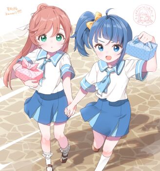 2girls :o bento black_shoes blouse blue_eyes blue_hair blue_neckerchief blue_sailor_collar blue_skirt blunt_ends bobby_socks bow commentary cut_bangs green_eyes hair_bow hair_bun hair_ribbon hijiri_ageha hirogaru_sky!_precure holding holding_bento holding_hands izumi_kirifu long_sleeves looking_at_viewer mary_janes medium_hair miniskirt mixed-language_text multiple_girls neckerchief open_mouth outdoors parted_lips pink_hair pleated_skirt precure ribbon romaji_text sailor_collar school_uniform shirt shoes short_sleeves side_ponytail single_hair_bun single_sidelock skirt smile socks sora_harewataru sorashido_academy_school_uniform stone_floor summer_uniform translated walking white_ribbon white_shirt white_socks yellow_bow