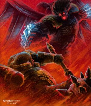 2024 2boys animal_skull animal_skull_ornament armor artist_name artstation_logo artstation_username bald battle bird_skull bird_skull_ornament breastplate bright_pupils brothers claw_(weapon) colored_sclera corvus_corax_(warhammer) dated deviantart_logo deviantart_username electricity facebook_logo facebook_username fighting_stance glowing glowing_eyes glowing_mouth gold_trim highres holding holding_mace holding_weapon illuminarum instagram_logo instagram_username lightning_claw looking_at_another lorgar_aurelian mace mechanical_wings metal_wings multiple_boys niellustrate panoply_of_the_raven_lord pauldrons power_armor power_claw primarch raven_guard red_eyes red_sclera roaring rune_tattoo shoulder_armor siblings spiked_mace spikes tattoo the_armor_of_the_word the_sable_armor twitter_logo twitter_username warhammer_40k weapon white_pupils wings word_bearers wrist_blades yellow_eyes