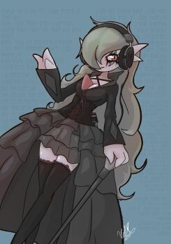 Rule 34 | 1girl, alternate hairstyle, artist name, beautyfall, black eyeliner, black shirt, black skirt, black thighhighs, blue background, breasts, cane, clothes writing, colored skin, corset, crossed legs, dated, dutch angle, eyeliner, facial mark, female focus, frilled thighhighs, frills, futhark, gardevoir, gen 3 pokemon, goth fashion, green hair, grey outline, hair over one eye, hand up, happy, headphones, high-low skirt, holding, holding cane, long hair, long sleeves, looking to the side, lynofdeath, lyrics, makeup, medium breasts, mp3 player, nintendo, one eye covered, open mouth, outline, pokemon, pokemon (creature), psychonaut 4, red eyes, runes, runny makeup, shirt, signature, skirt, smile, solo, standing, text background, thighhighs, translation request, very long hair, watson cross, waving, white skin