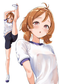 1girl absurdres ahoge ankle_socks black_shorts breasts commentary_request full_body gluteal_fold gym_shirt highres knees legs looking_at_viewer multiple_views oikawa_tooru orange_hair original red_eyes shirt shoes shorts simple_background small_breasts socks split standing standing_on_one_leg standing_split swept_bangs uwabaki wet wet_clothes wet_shirt white_background white_shirt white_shoes white_socks