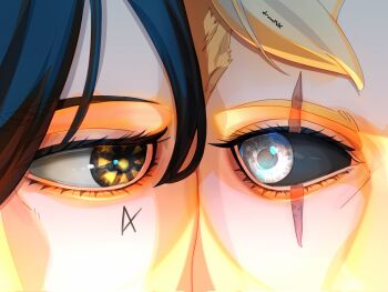 2boys black_hair black_sclera blonde_hair boruto:_two_blue_vortex cheek-to-cheek close-up colored_sclera commentary drawink eye_focus eyelashes facial_mark heads_together highres jougan kawaki_(boruto) kokugan making-of_available male_focus multiple_boys naruto_(series) scar scar_across_eye scar_on_face signature uzumaki_boruto white_eyes yellow_eyes