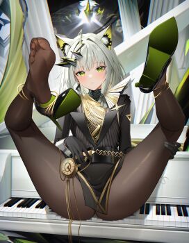 1girl absurdres animal_ears arknights blush feet feet_up green_eyes highres ighres instrument kal'tsit_(arknights) long_hair looking_at_viewer pantyhose piano radoremo shoes soles toes unworn_shoes white_hair