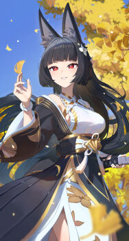 1girl absurdres animal_ear_fluff animal_ears bare_shoulders black_dress black_hair blue_sky blunt_bangs breasts commentary_request cowboy_shot dress falling_leaves fingerless_gloves flower fox_ears fox_girl ginkgo_leaf ginkgo_tree gloves grin hair_flower hair_ornament hand_up highres holding holding_sword holding_weapon hoshimi_miyabi hoshimi_miyabi_(dignified_blossom) japanese_clothes katana leaf long_hair medium_breasts odd_(hin_yari) official_alternate_costume outdoors red_eyes sheath sheathed sideboob single_fingerless_glove single_glove sky smile solo sword two-tone_dress weapon white_dress white_flower zenless_zone_zero