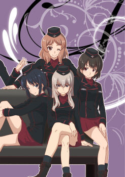 Rule 34 | 4girls, black hat, black jacket, character request, garrison cap, girls und panzer, girls und panzer phase erika, hat, highres, idegami takeko, itsumi erika, jacket, kuromorimine military uniform, miniskirt, multiple girls, red skirt, saitaniya ryouichi, sitting, skirt