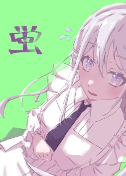 1girl a3 absurdres bang_dream! bang_dream!_our_notes black_necktie character_name commentary green_background hair_between_eyes highres long_hair looking_at_viewer necktie purple_eyes shiomi_hotaru shirt simple_background solo white_hair white_shirt